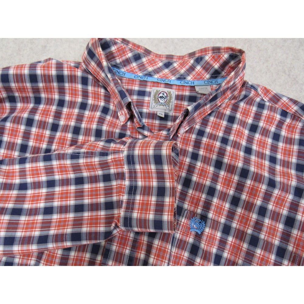 Cinch Mens XL Plaid Button Down Shirt Red Navy Blue White Long Sleeve Western